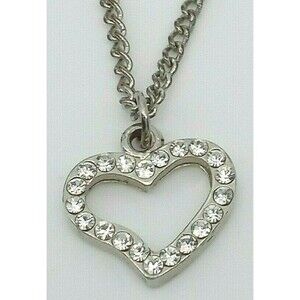 Vintage Heart Pendant Chain Necklace Clear Rhinestones Silver Tone Valentine